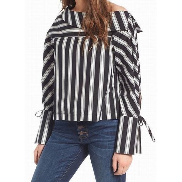 Topshop Tops - Topshop Black Striped Off Shoulder Blouse